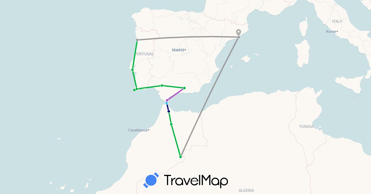 TravelMap itinerary: driving, bus, plane, train, boat in Spain, Morocco, Portugal (Africa, Europe)